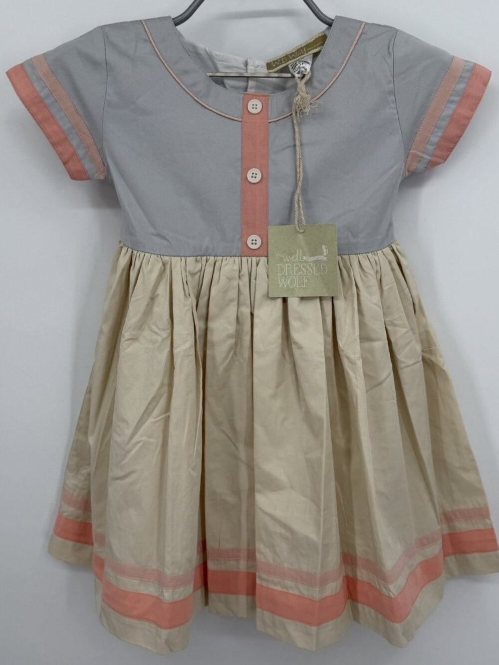 Well Dressed Wolf Girl’s Shawn Elizabeth Dress Size 5 100% Cotton Grey/Peach NEW